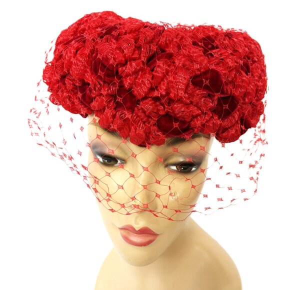 Mid-Century 60’s /clover Lane Red Cellophane Straw & Velvet Ribbon Hat Vintage main image 11